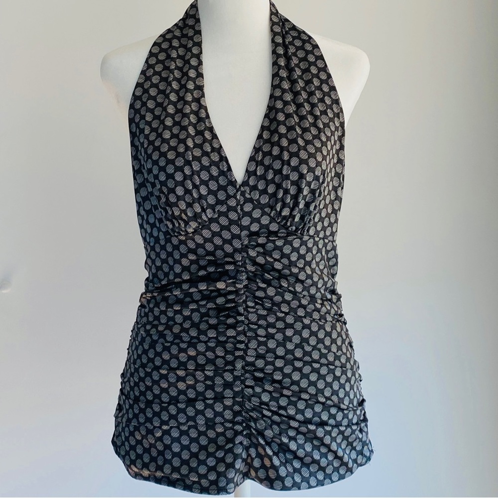 Halter Style Geometric Print Express Top with Black and Silver Tones